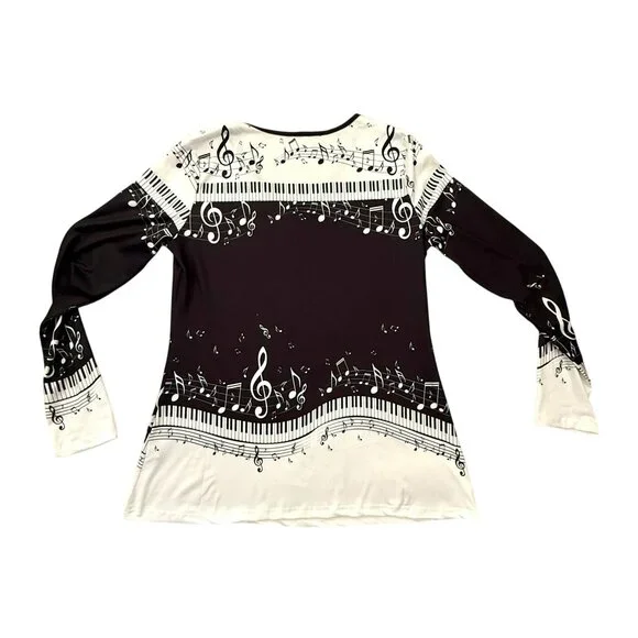 Music Notes Long Sleeve Top Size M Black White V Neck Piano Keys Print - Picture 3 of 9